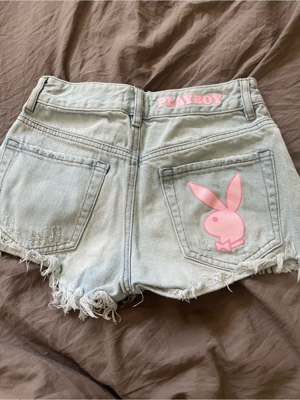 PLAYBOY Light Blue Distressed Denim Shorts with Pink Bunny Patch - Picture 3 of 5
